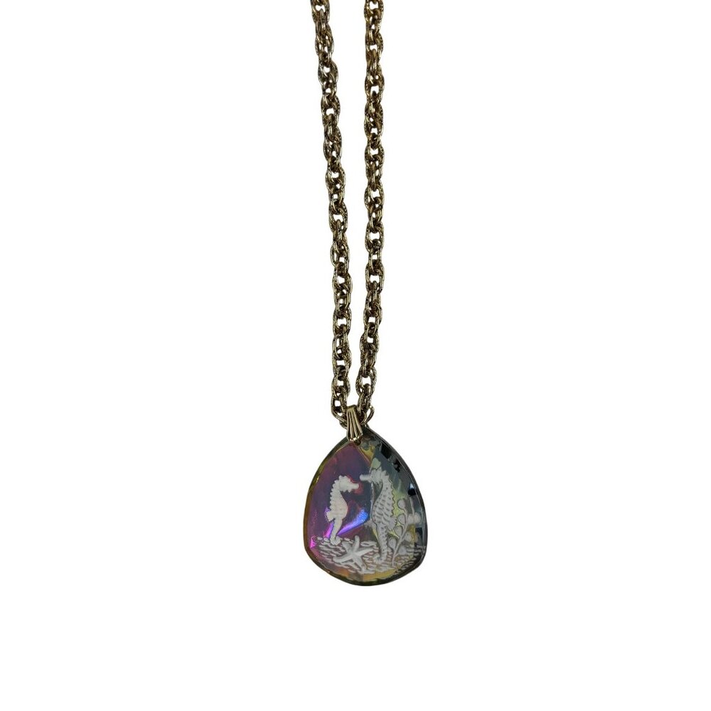Vintage 70s Seahorse Necklace Rainbow Holographic Tropical Vacation Long Chain P - Picture 3 of 9